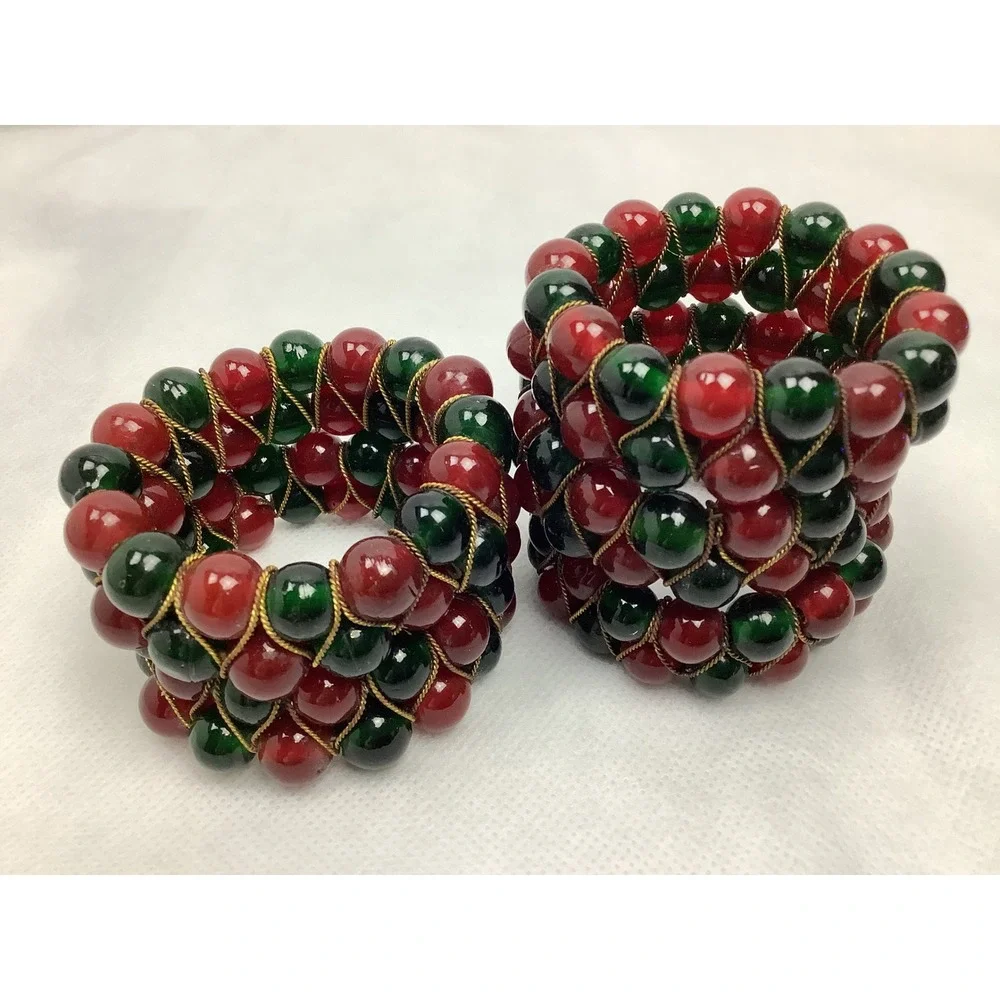 Vintage Red Green Beaded Napkin Rings Gold Wire Christmas Holiday Set of 5